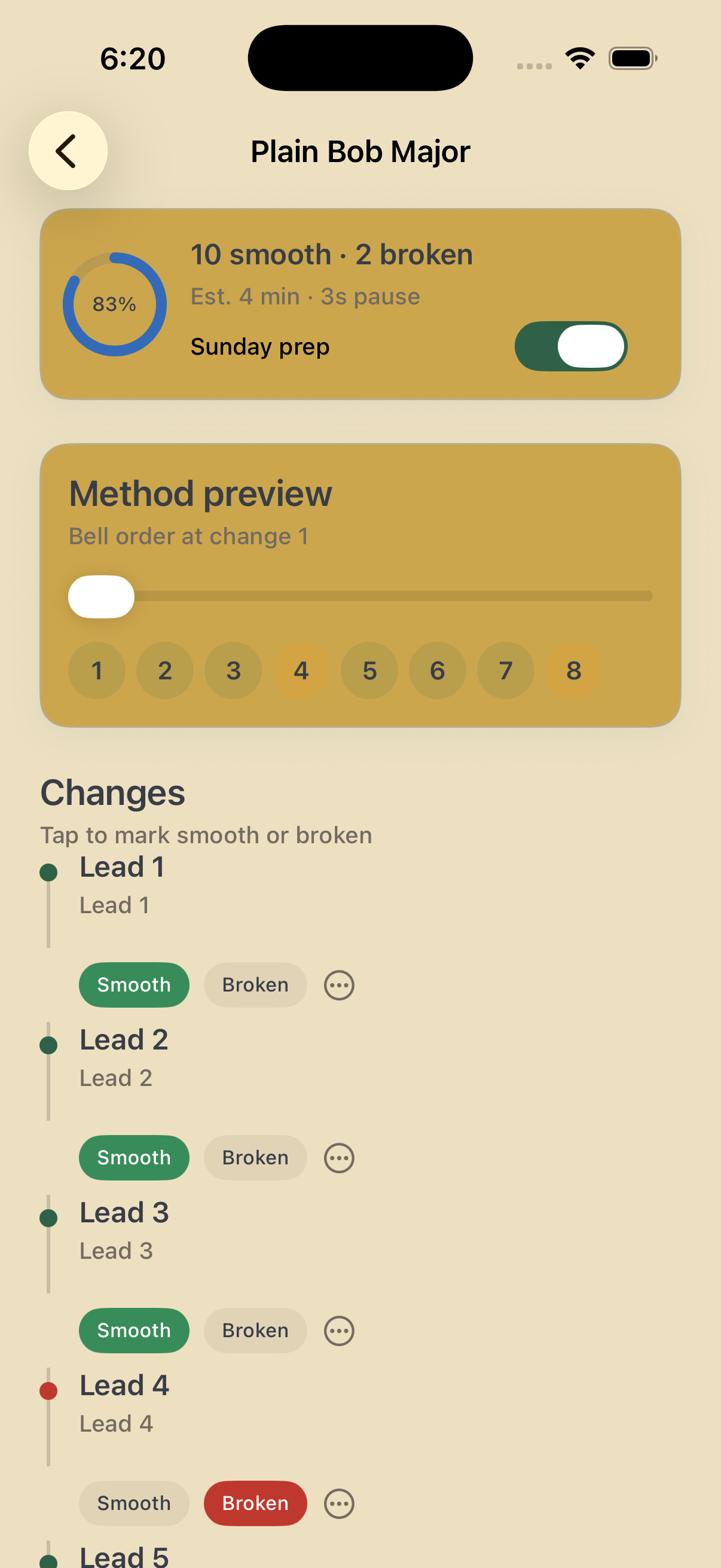 Method session with bell preview and change timeline