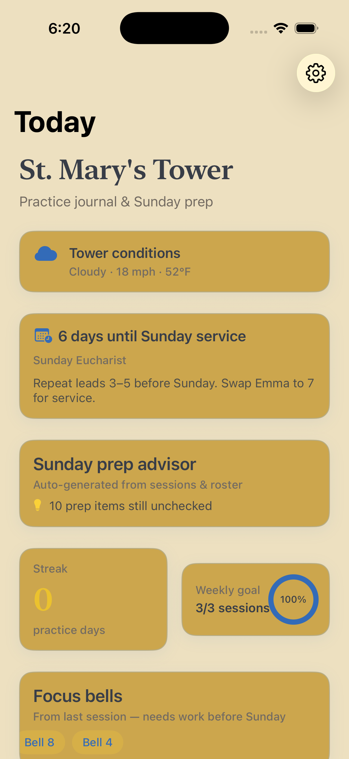 Today dashboard with Sunday countdown and weather