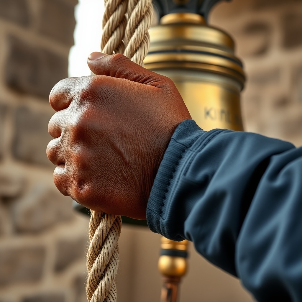 Handstroke on bell rope with brass sally