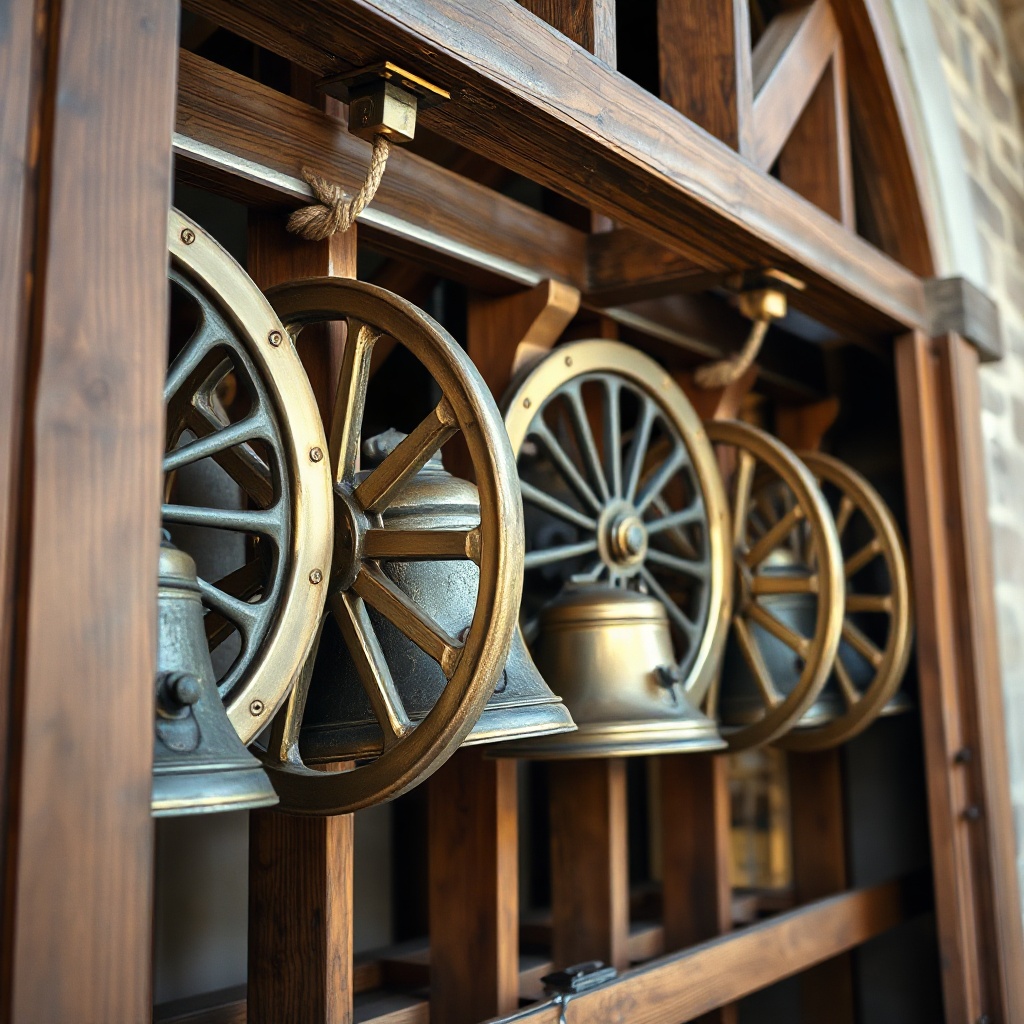 Row of church bell wheels in wooden frame