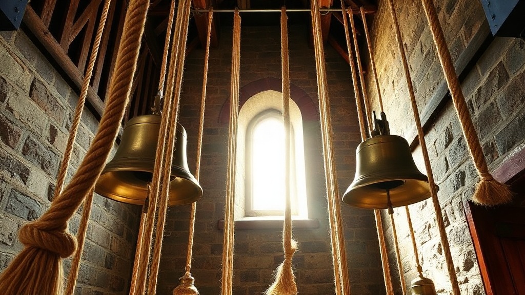 Bell tower rope room with hemp ropes and brass wheels